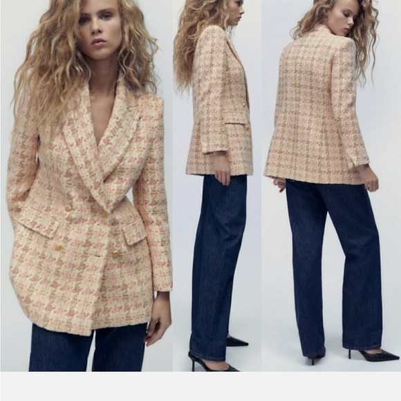 Zara Jackets & Blazers - Zara Women's Cream Pink Tweed Jacket Blazer Double Breasted Size S